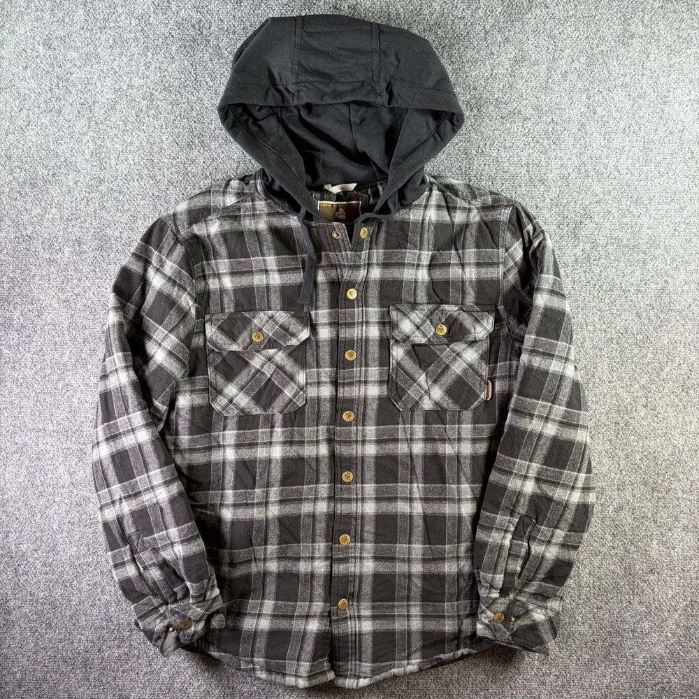Legendary Outfitters Flannel Shirt Jacket Mens L Black Plaid Quilted Hooded Work